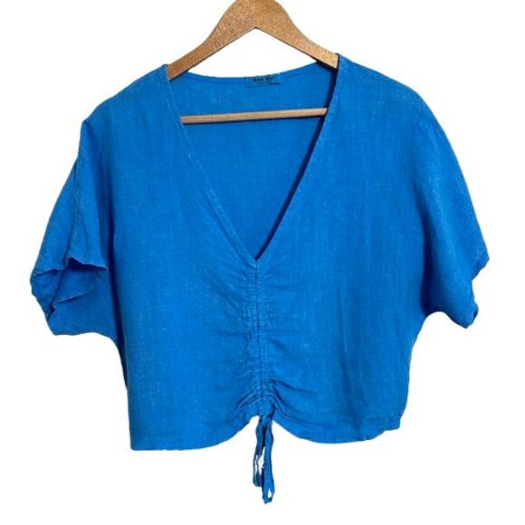 Meo Meli Tops - Meo Meli Crop Top Linen Boxy Cinch Tie Lagenlook Coastal Blue Boho Italy OS
